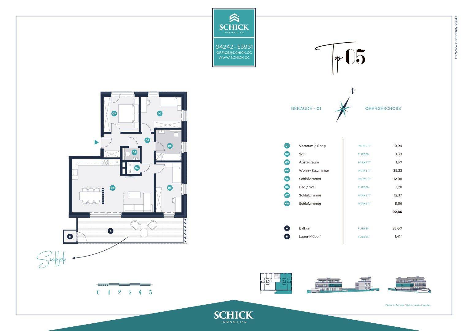 Grundriss der Wohnung Top 05 mit drei Schlafzimmern, offenem Wohnbereich und Balkon.