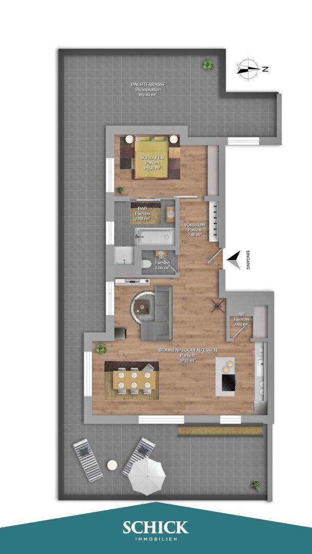 Detaillierter Grundriss einer Wohnung mit offenem Wohnbereich, Schlafzimmer und großer Dachterrasse.