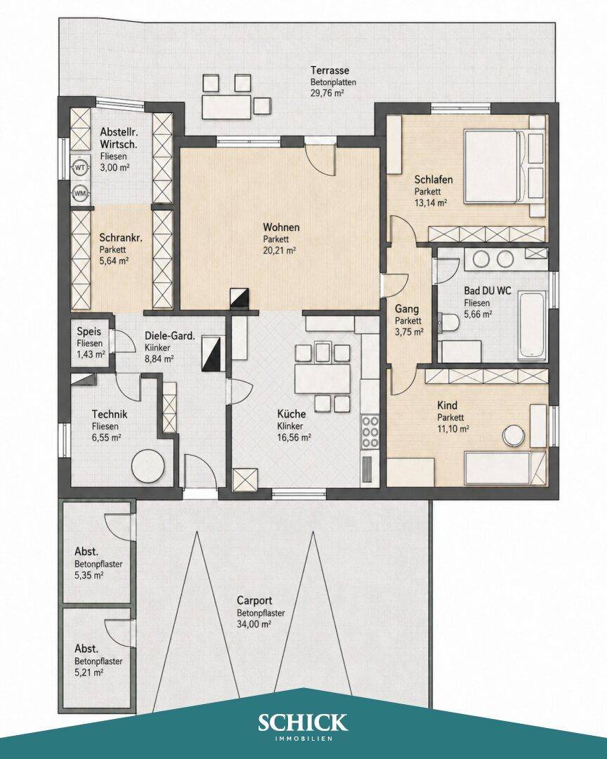 Grundriss einer Wohnung mit offenem Wohnbereich, zwei Schlafzimmern, Bad, Terrasse und Carport.