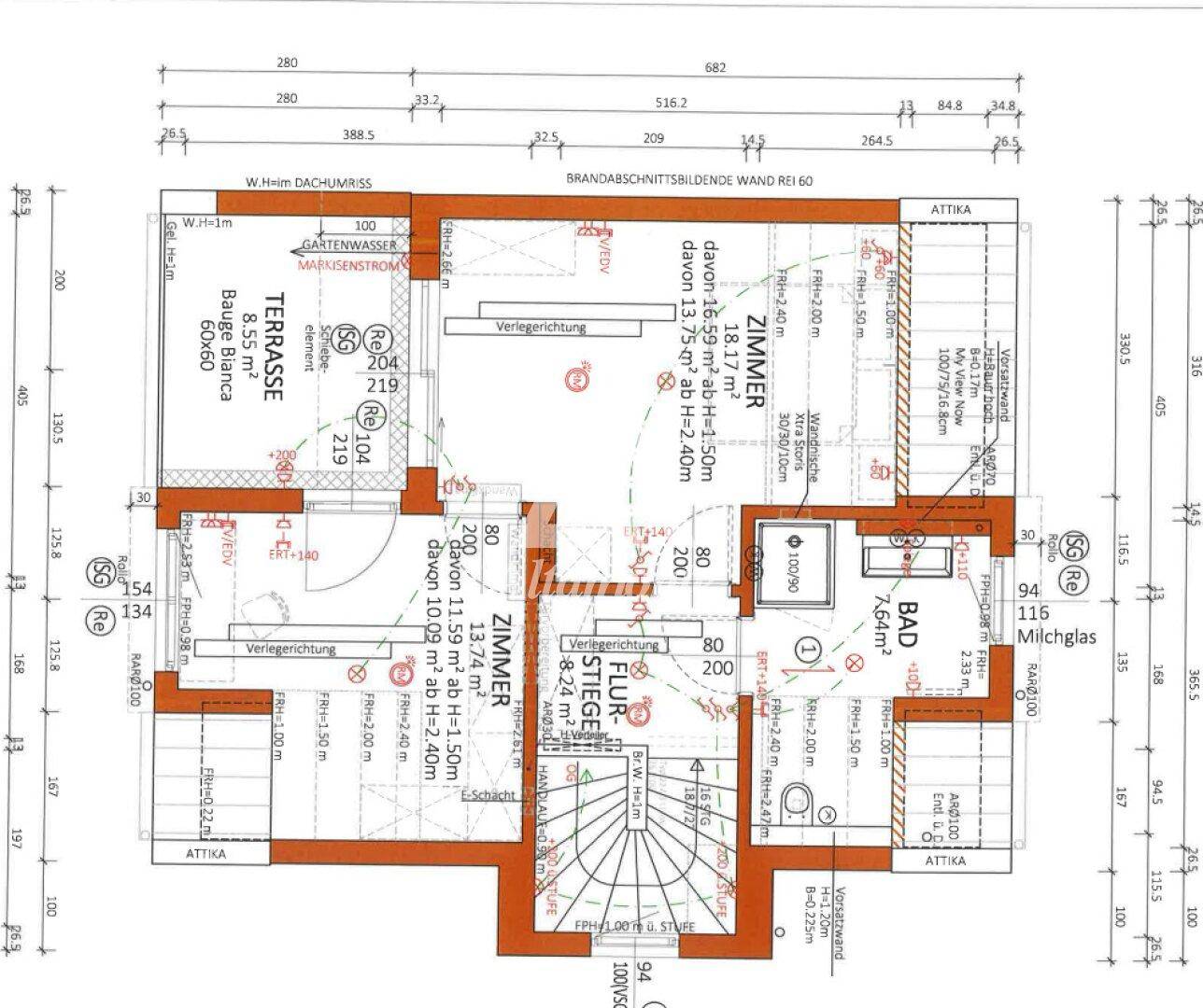 Grundriss des Dachgeschosses mit zwei Zimmern, Bad und großer Dachterrasse.