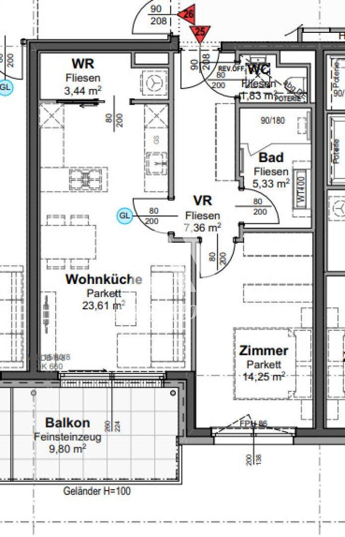Detaillierter Grundriss mit Wohnküche, Schlafzimmer, Bad, WC und einem Balkon von 9,80 m².