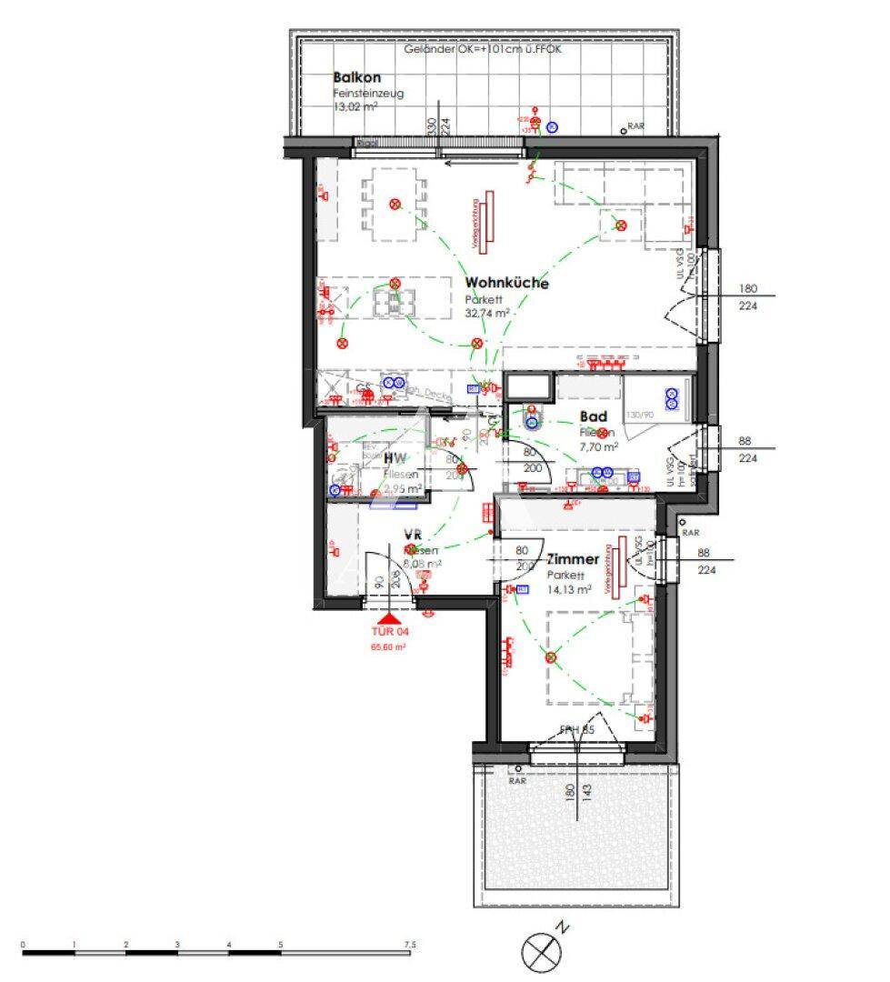 Grundriss einer Wohnung mit Wohnküche, Bad, Zimmer und Balkon.
