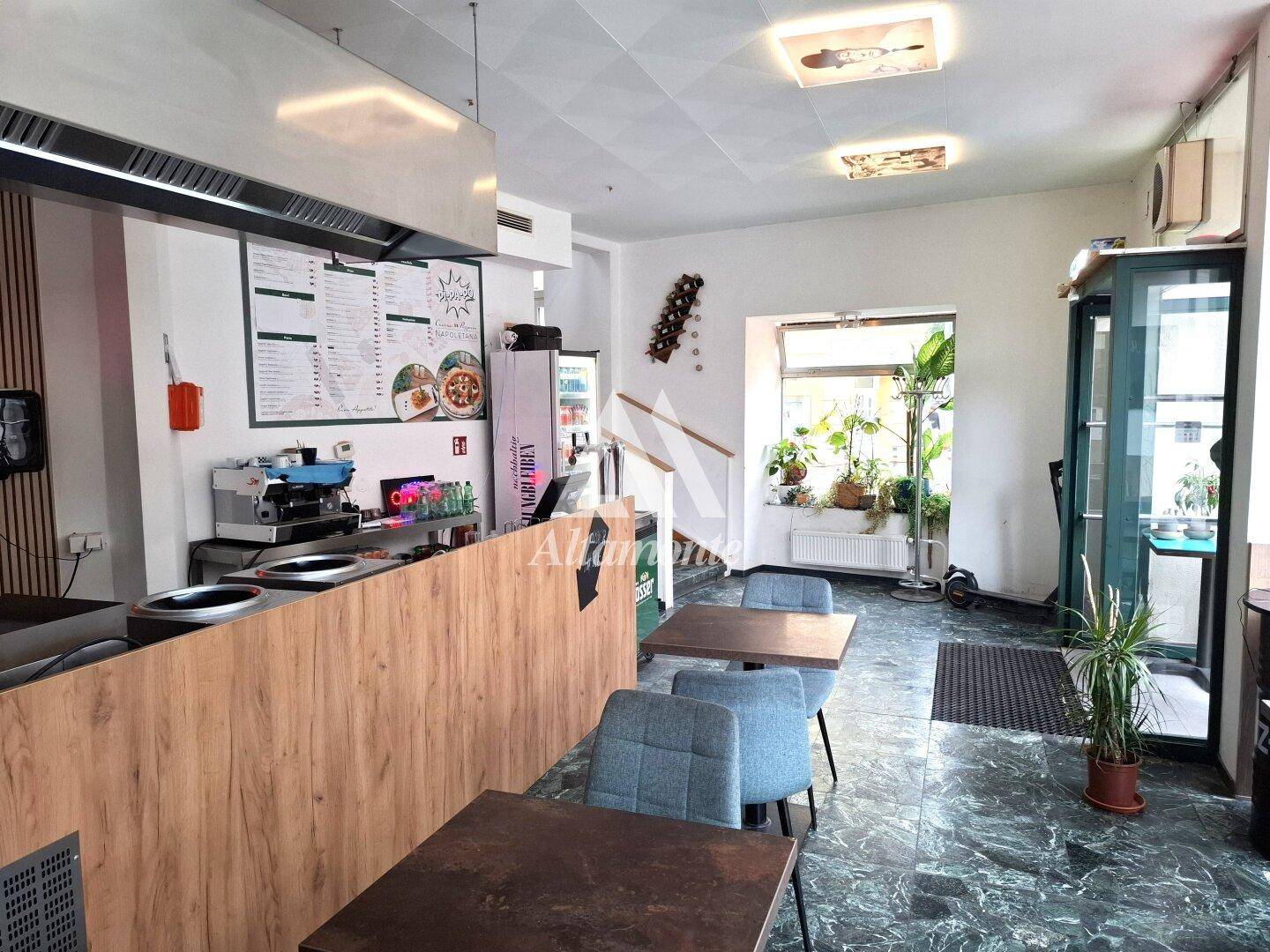 Heller Gastraum einer Pizzeria mit Theke, Sitzgelegenheiten und Pflanzen am Fensterbereich.