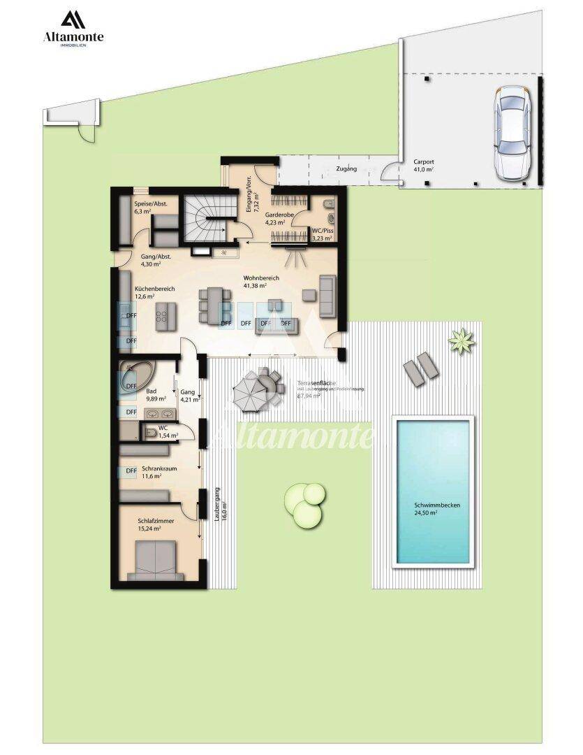 Grundriss des Erdgeschosses mit Wohnbereich, Küche, Schlafzimmer und Pool.