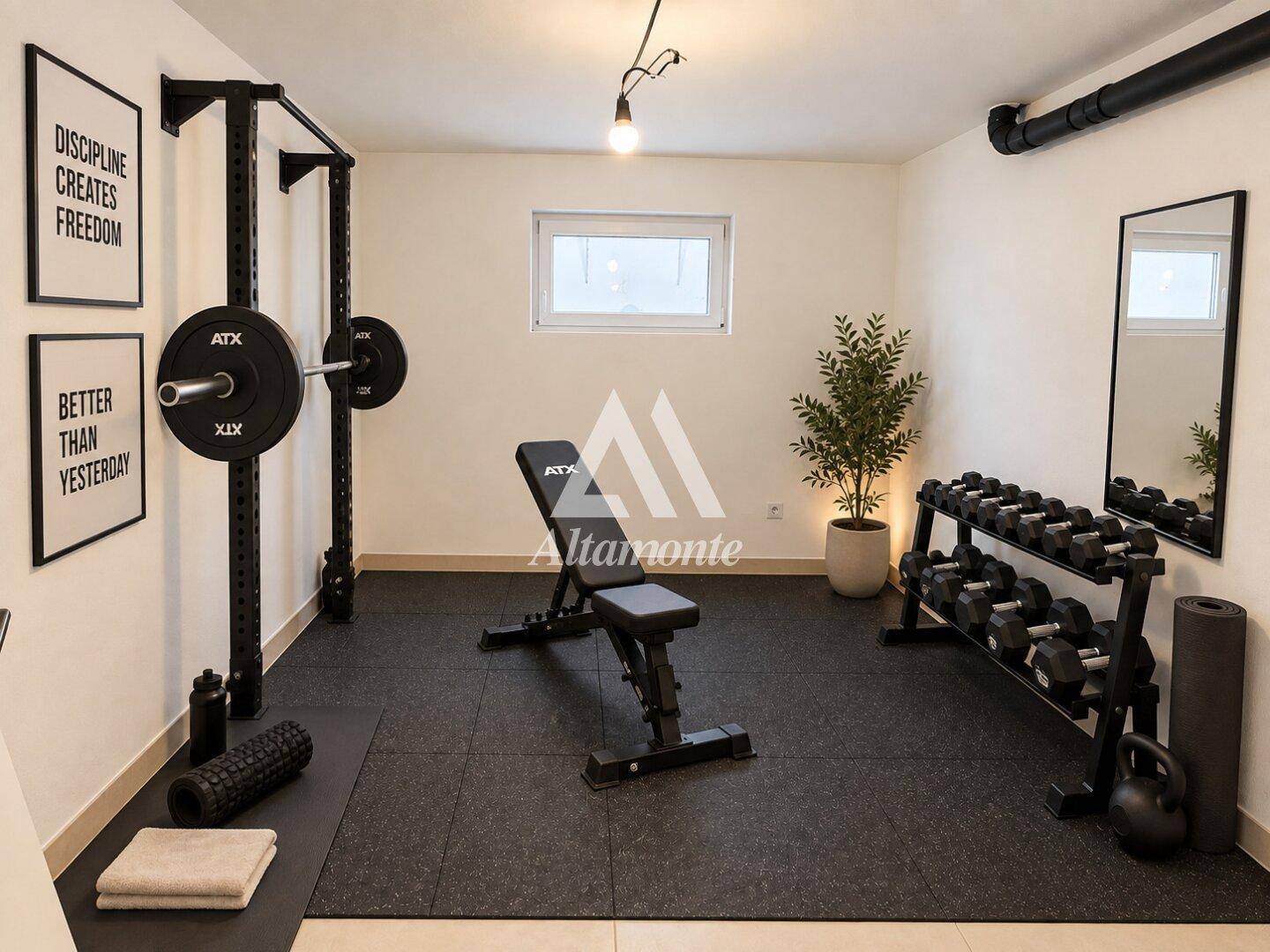 Gut ausgestatteter Fitnessraum im Untergeschoss mit Sportgeräten und Gummiboden.