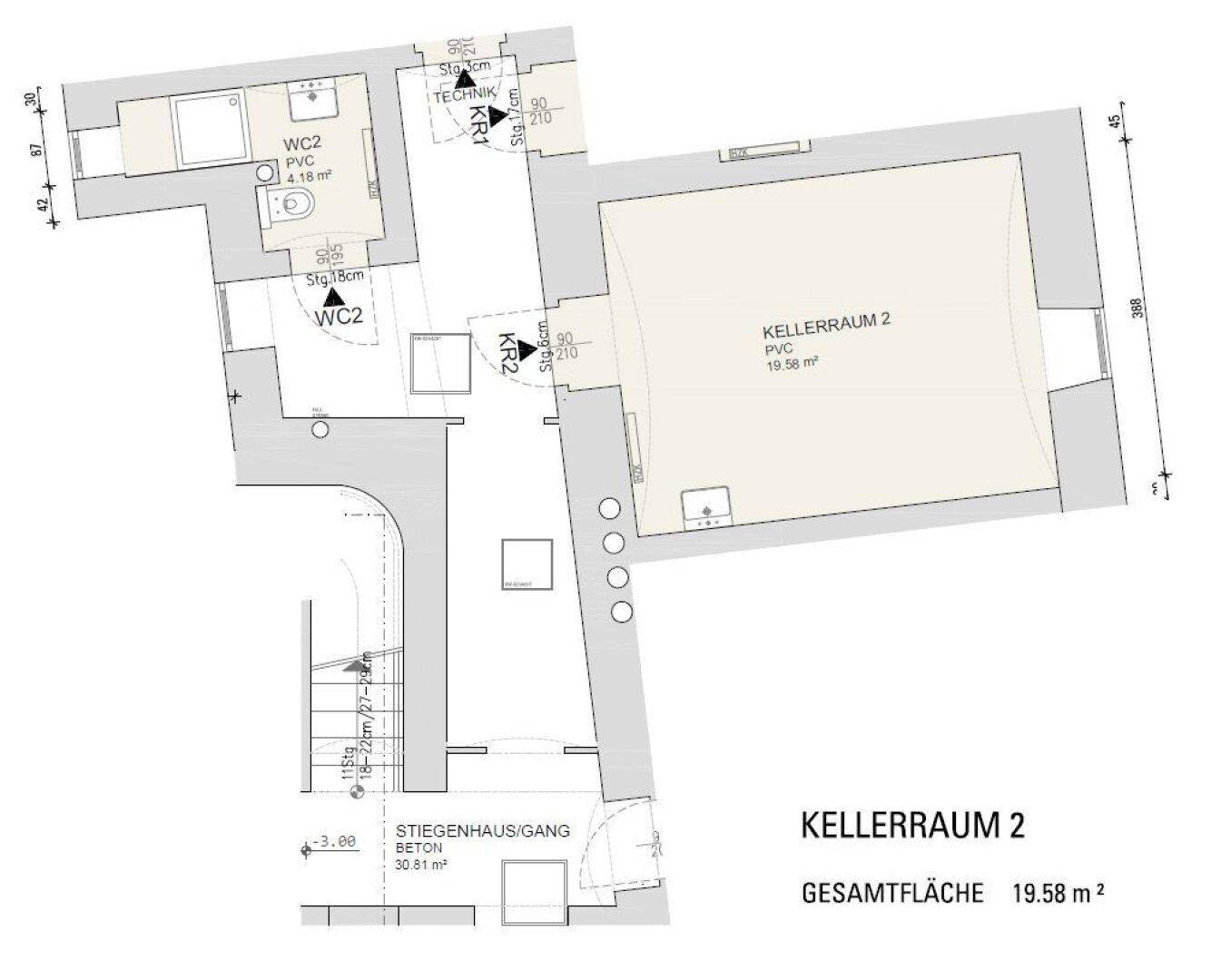 Grundriss des Kellergeschosses mit zwei Kellerräumen und WC-Bereich.