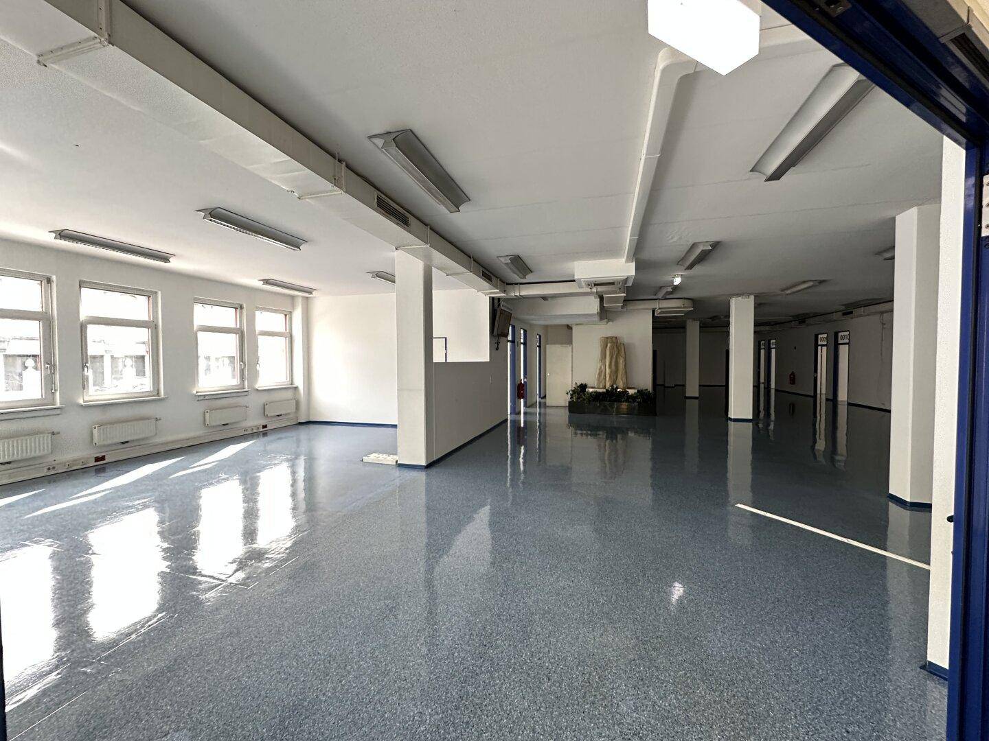 Geräumiger, offener Büroraum mit glänzendem blauen Boden und Fenstern, die viel Tageslicht hereinlassen.