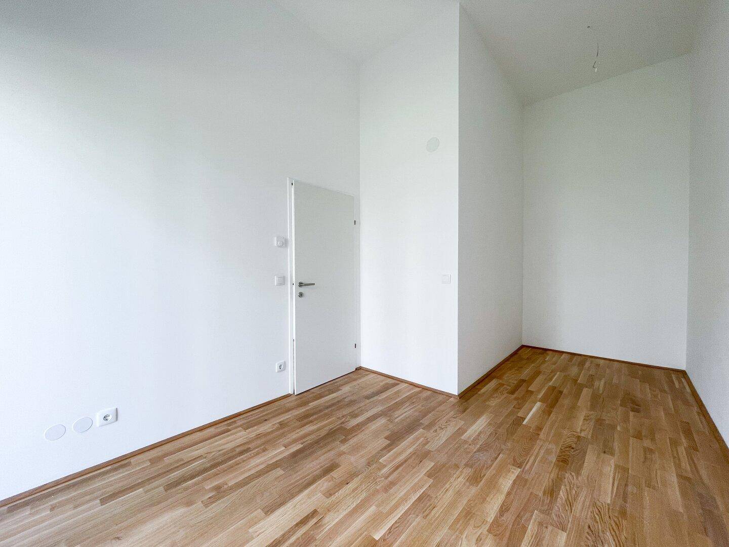 Helles, leeres Zimmer mit Holzparkettboden und weißer Tür.