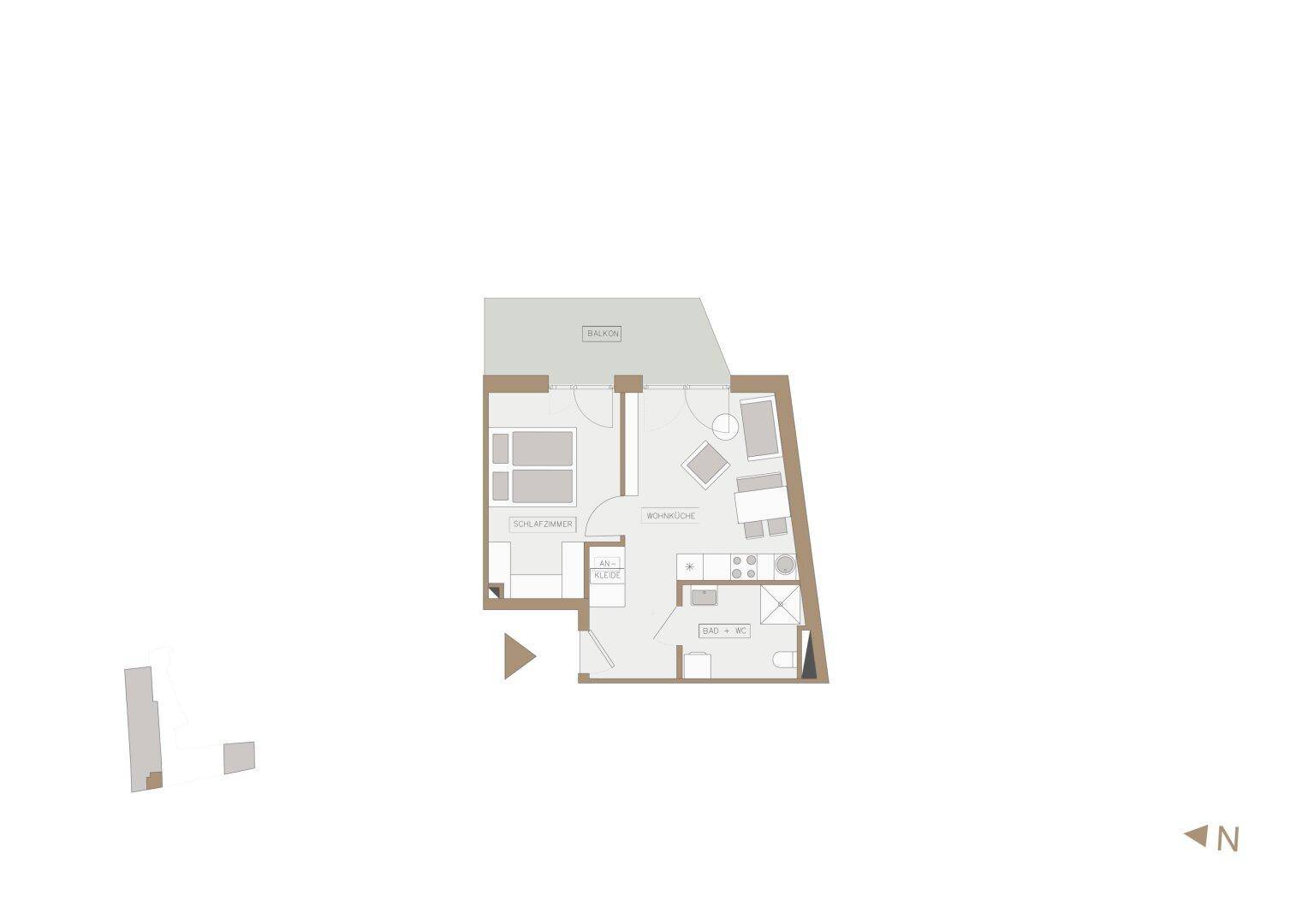 Übersichtlicher Grundriss einer Wohnung mit Balkon und offener Wohnküche.
