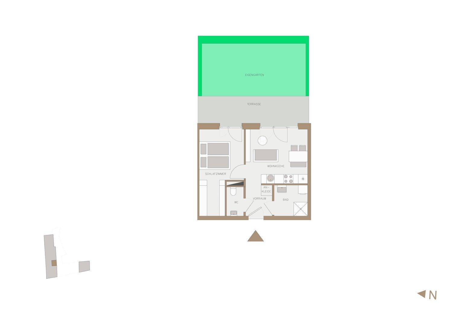 Grundriss einer Wohnung mit Schlafzimmer, Wohnküche, Bad, WC, Terrasse und Garten.