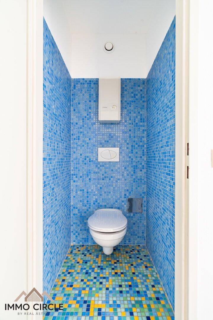 Separate Gästetoilette mit farbenfrohen blauen Mosaikfliesen an Wänden und Boden.