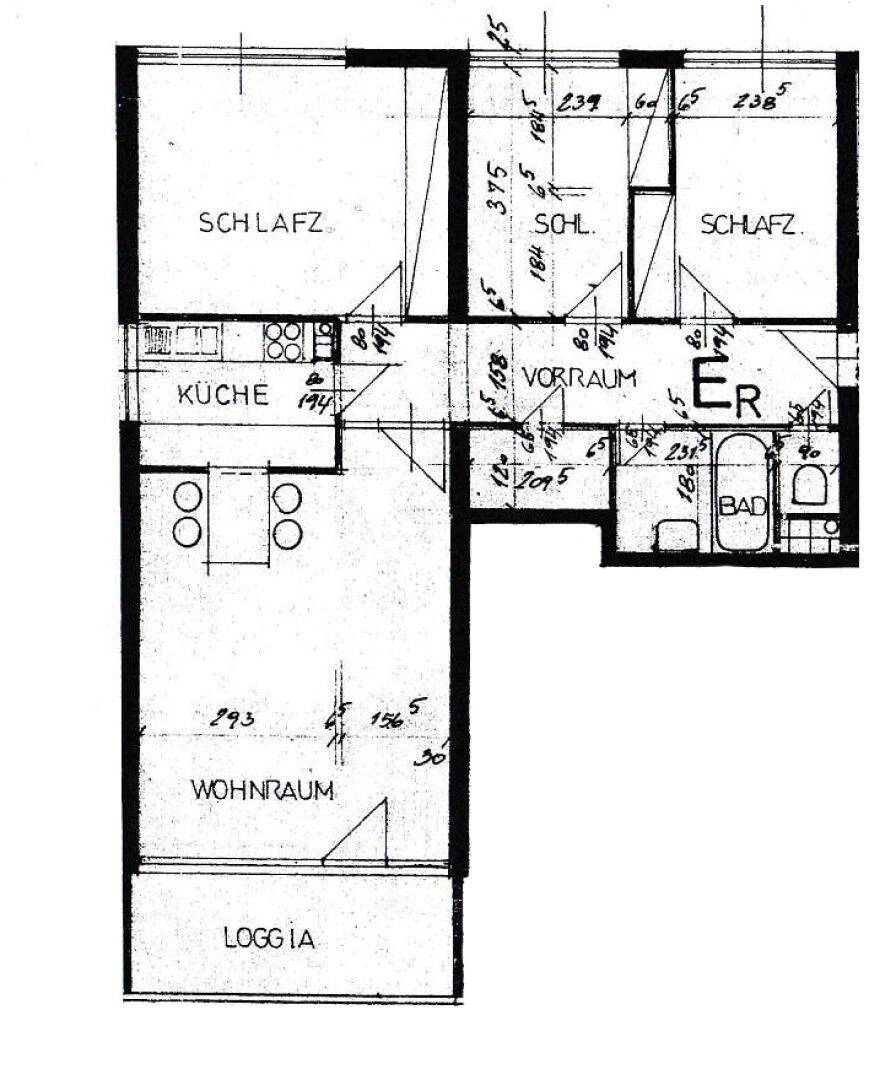 Grundriss der Wohnung mit Wohnraum, Küche, zwei Schlafzimmern, Bad und Loggia.