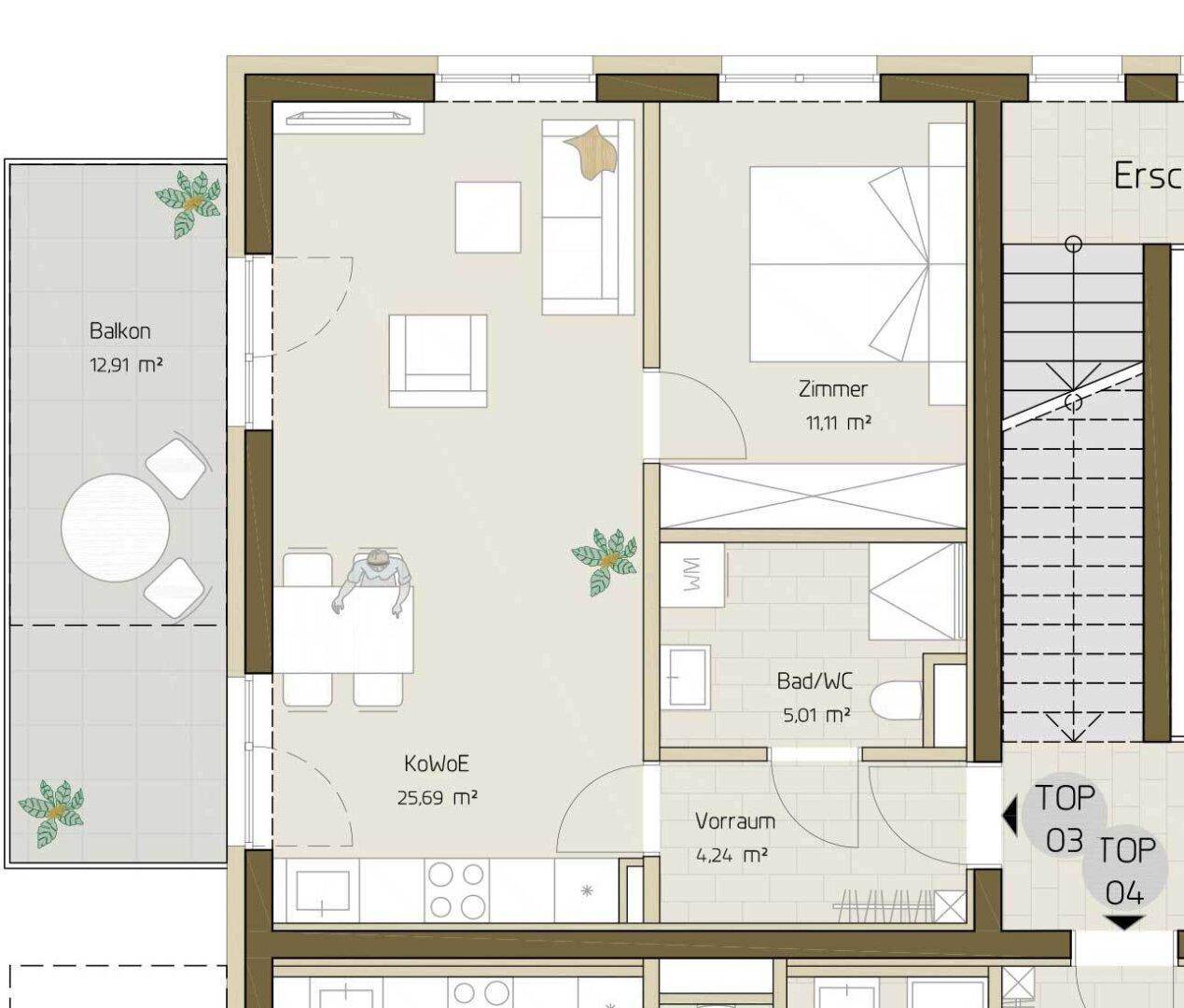 Grundriss einer Wohnung mit offenem Wohn-Essbereich, Schlafzimmer, Bad und großem Balkon.