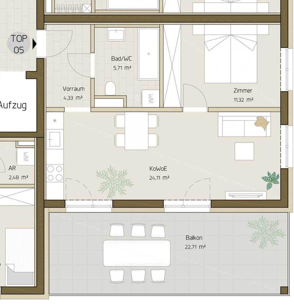 Grundriss einer Wohnung mit offenem Wohnbereich, Schlafzimmer, Bad und großem Balkon.