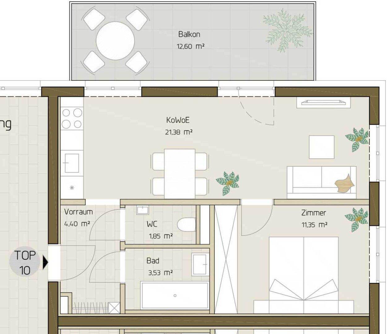 Grundriss einer Wohnung mit offenem Wohnbereich, Schlafzimmer, Bad, WC und einem großen Balkon.