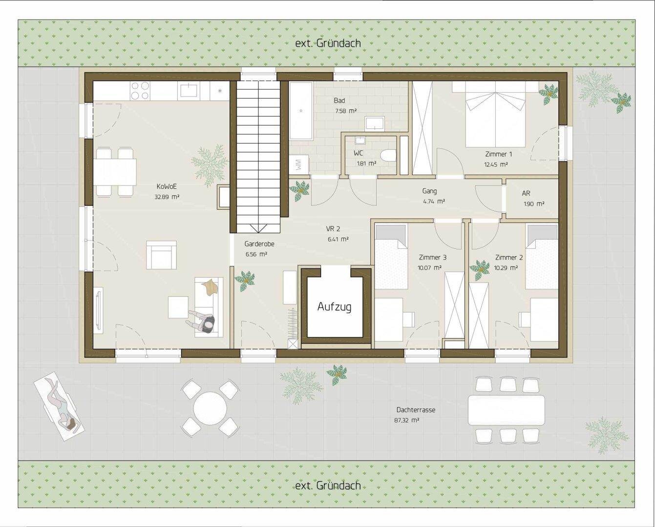 Detaillierter Grundriss einer Penthouse-Wohnung mit drei Schlafzimmern, offener Küche, Aufzug und großer Dachterrasse.