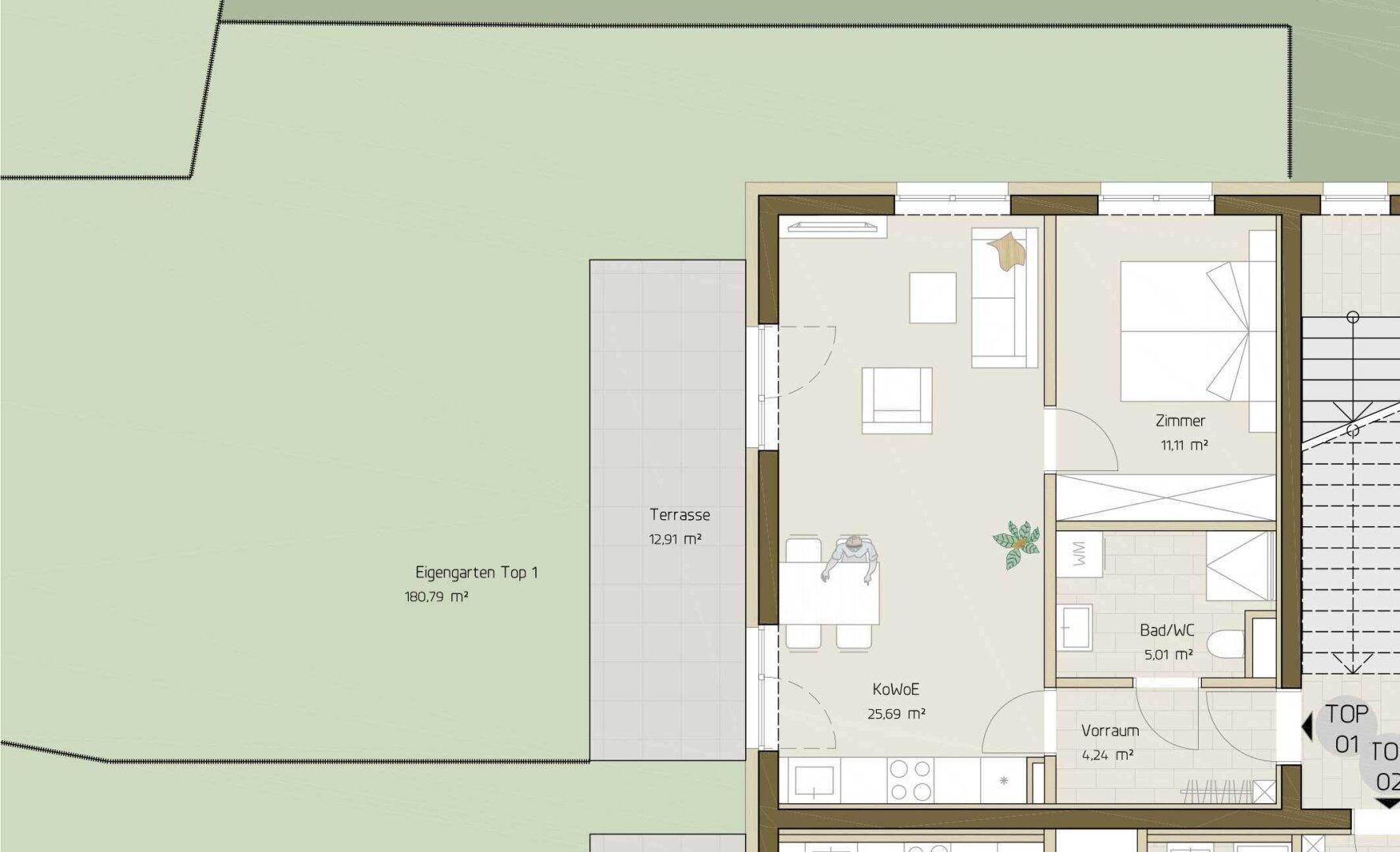 Grundriss zeigt eine Wohnung mit offenem Wohn-Essbereich, Schlafzimmer, Bad, Terrasse und privatem Garten.