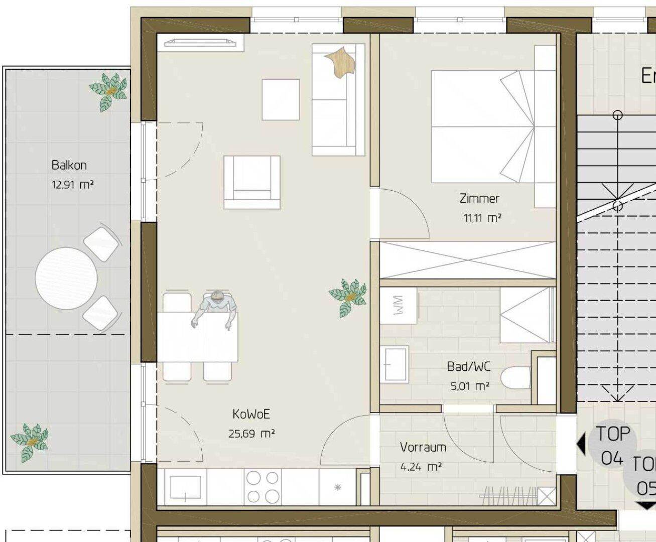 Grundriss einer Wohnung mit offenem Wohnbereich, Schlafzimmer und Balkon.