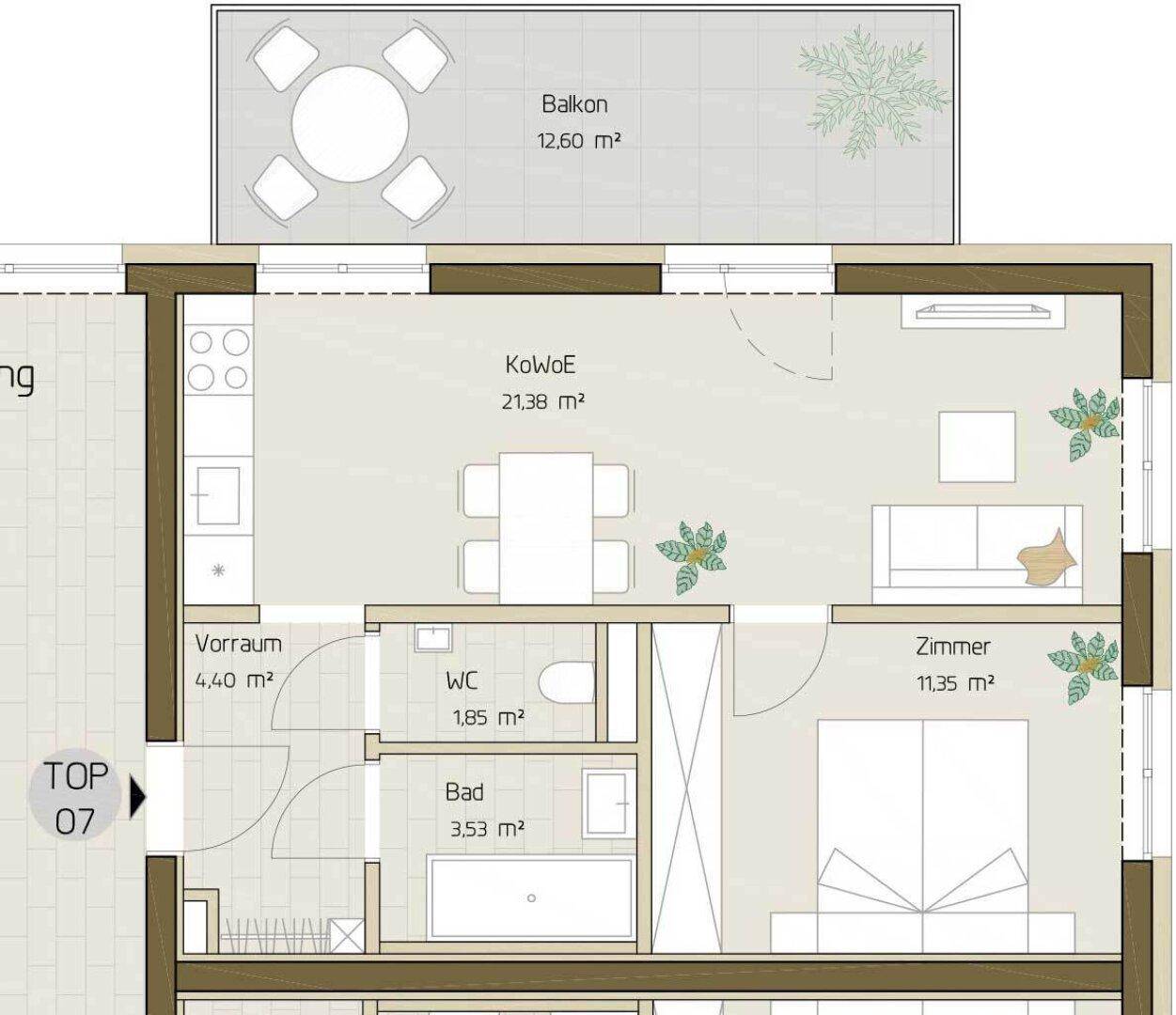 Grundriss einer Wohnung mit offenem Wohnbereich, Balkon und separatem WC.