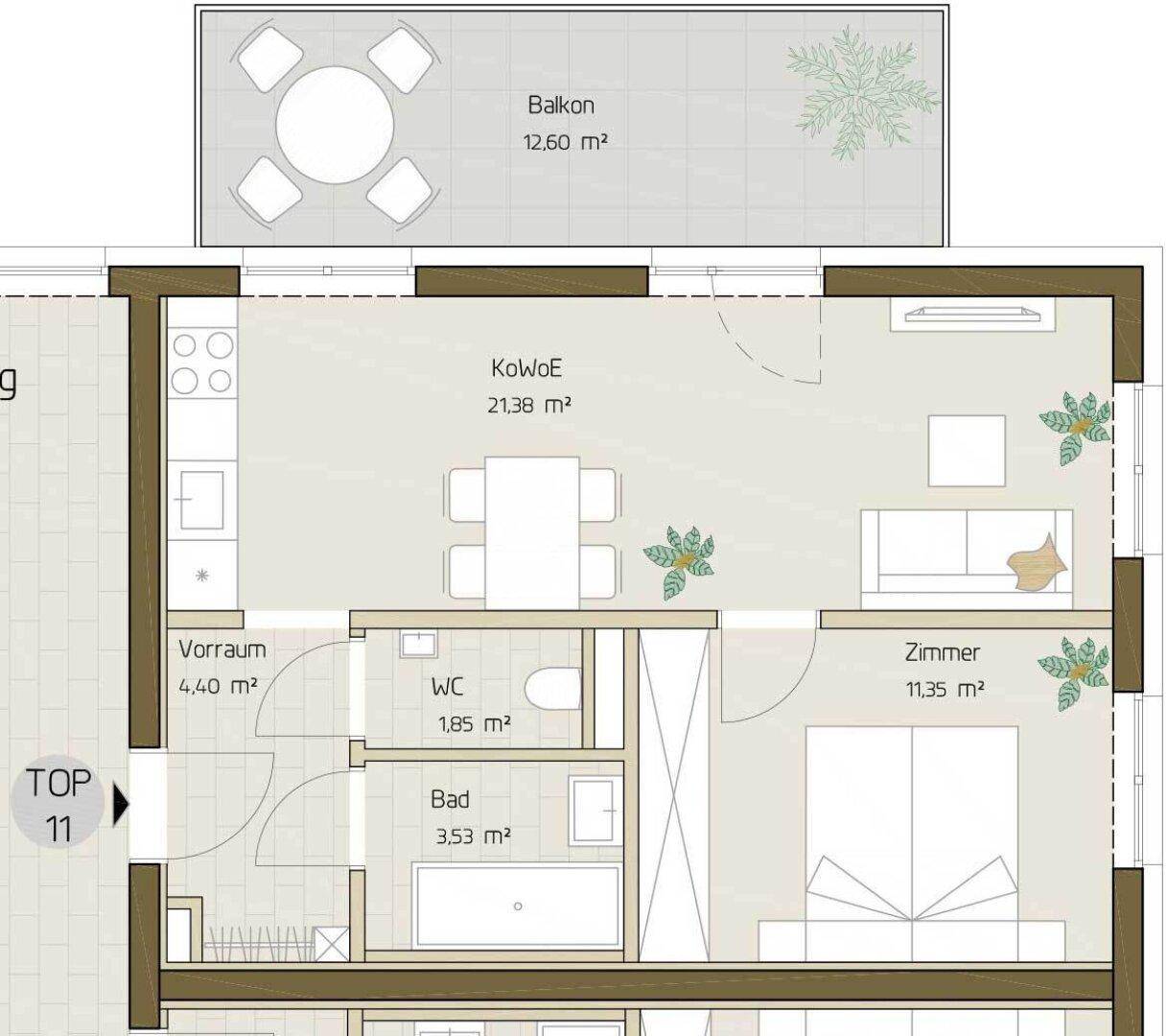 Grundriss einer Wohnung mit offenem Wohnbereich, separatem WC, Bad und Balkon.