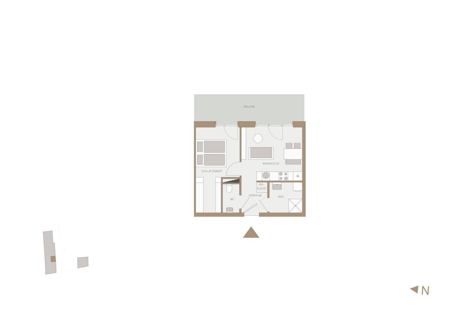 Grundriss einer Wohnung mit Schlafzimmer, Wohnküche, Bad, WC und Balkon.