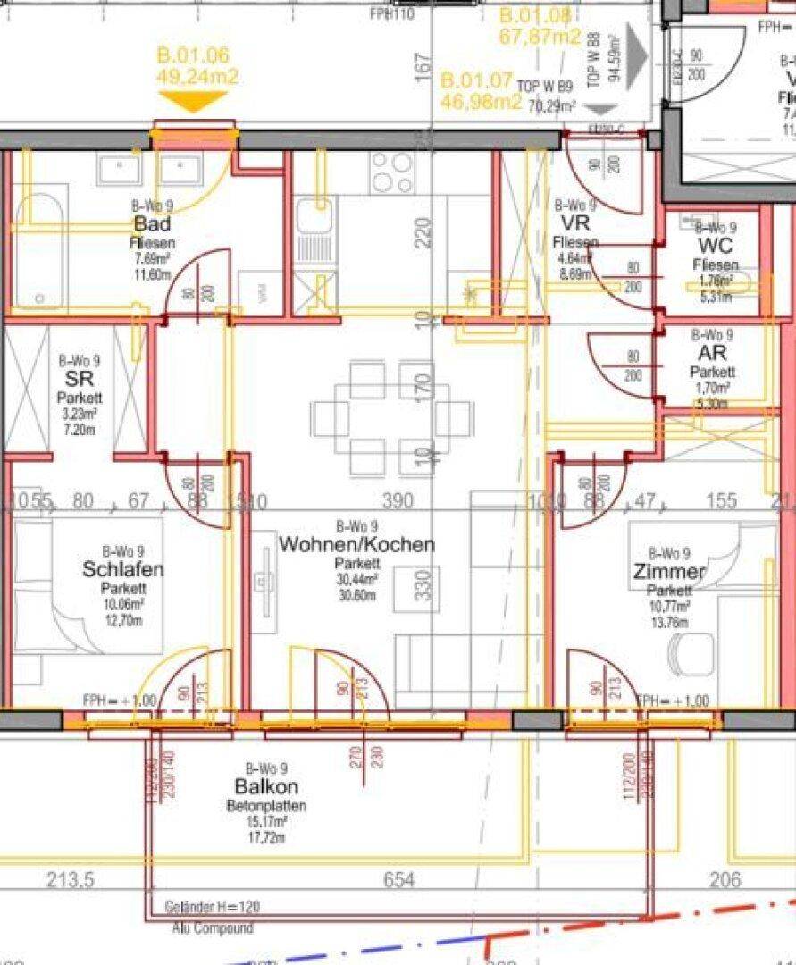 Detaillierter Grundriss der Wohnung mit Raumaufteilung und Balkon.