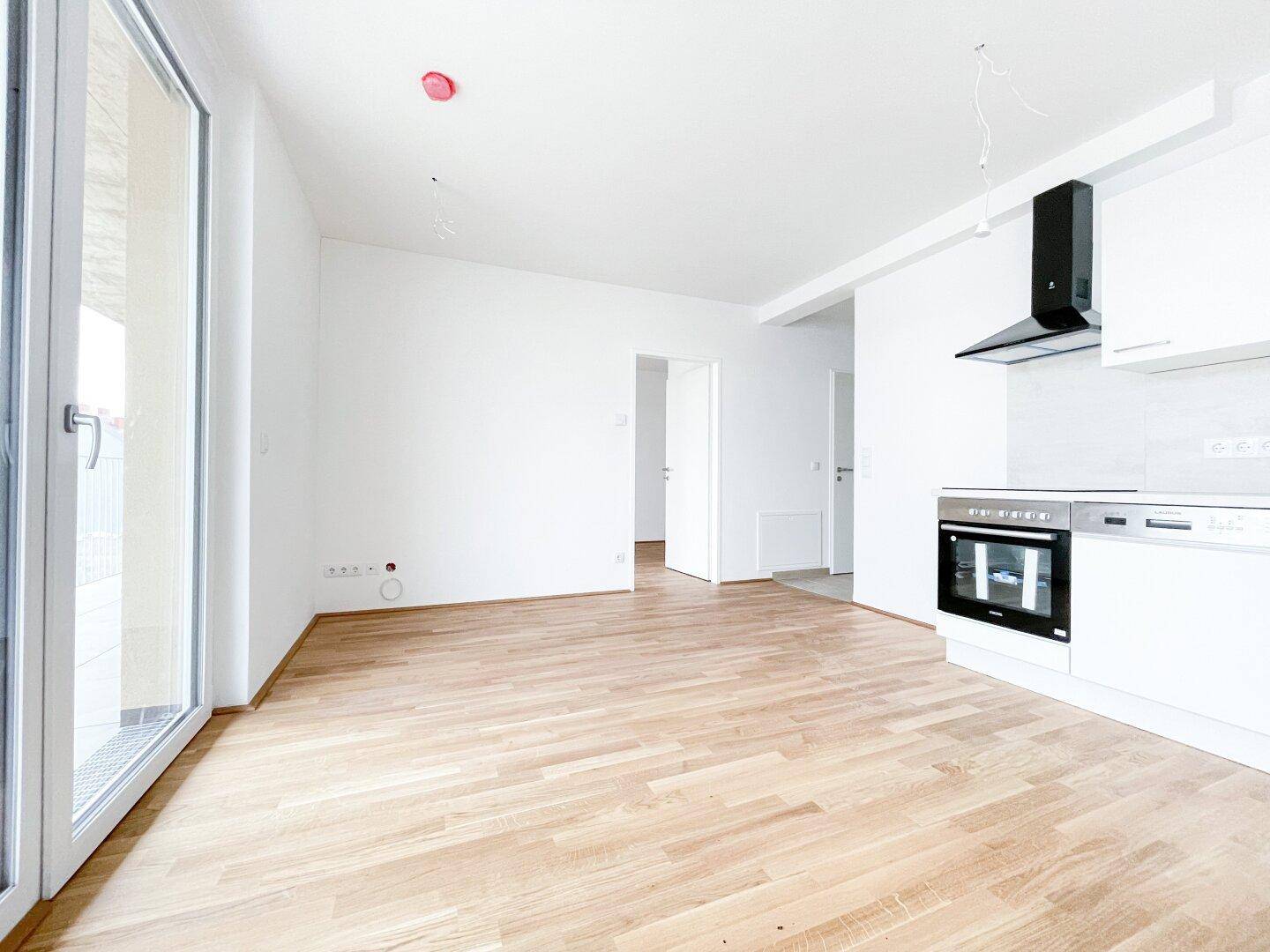 Heller Wohnbereich mit integrierter Küche, Holzboden und großem Fenster mit Balkonzugang.