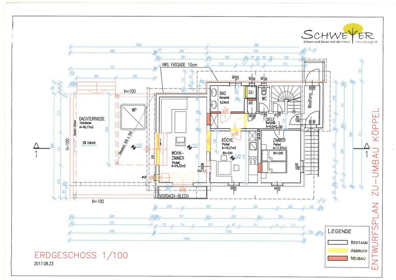 Grundriss des Erdgeschosses mit Wohnzimmer, Küche und Dachterrasse.