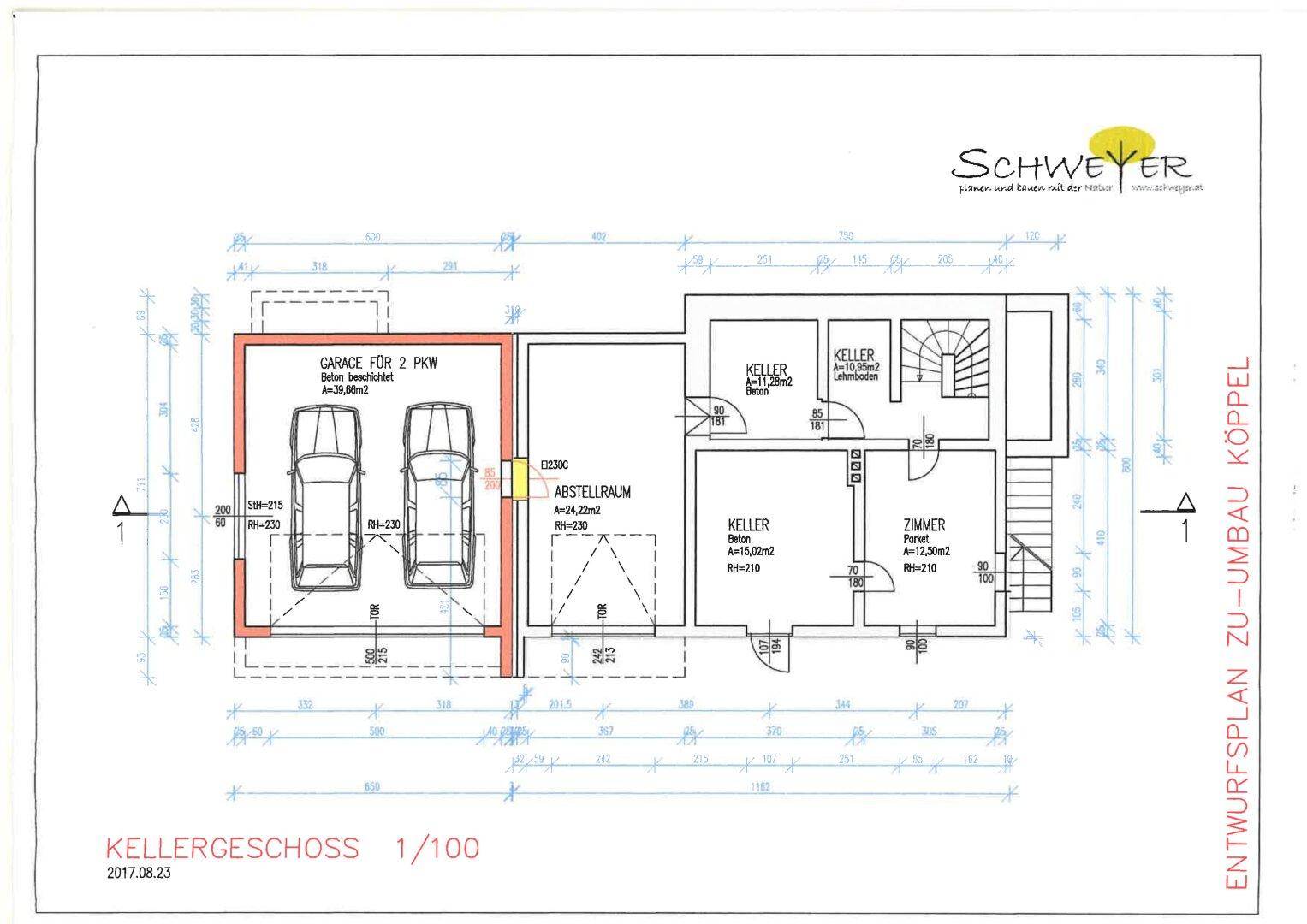 Grundriss des Kellergeschosses mit Garage für zwei PKW und Kellerräumen.