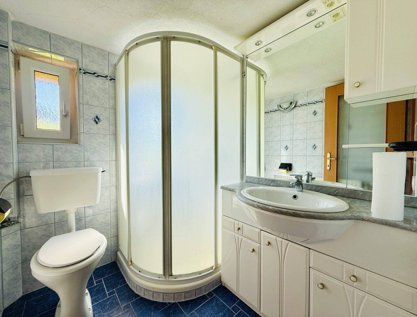Badezimmer mit Duschkabine, WC, Waschbecken und Spiegelschrank.