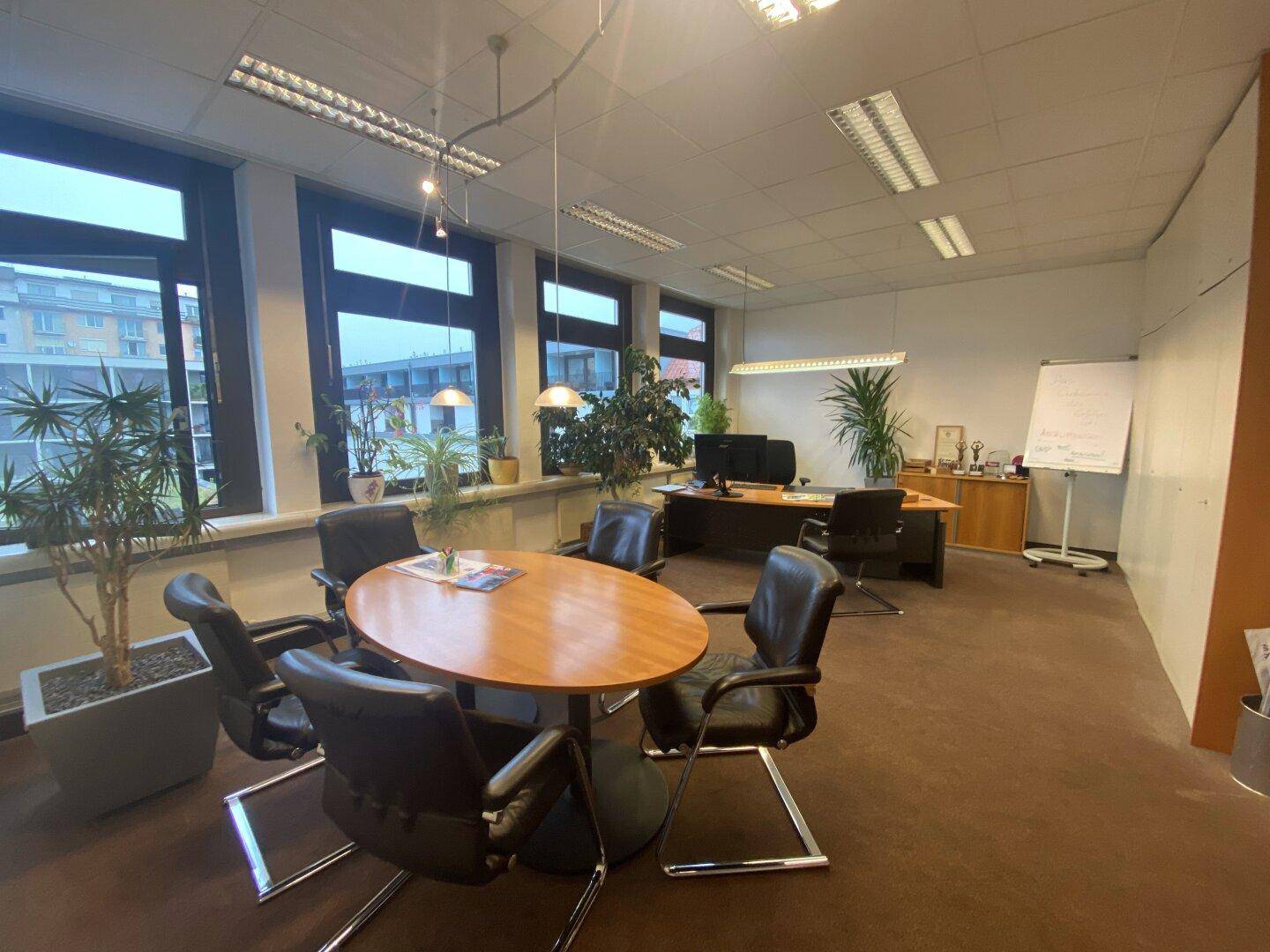Geräumiges Büro mit Konferenztisch, mehreren Arbeitsplätzen und großen Fenstern mit Ausblick.