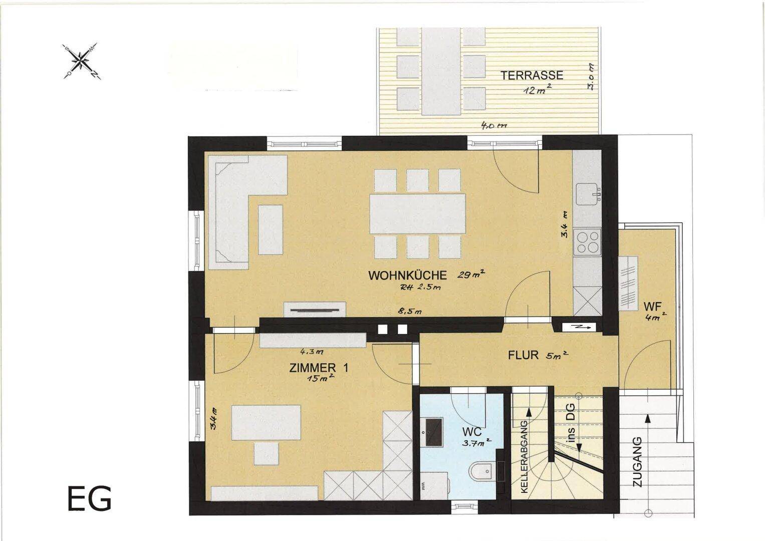Grundriss des Erdgeschosses mit Wohnküche, einem Zimmer, WC und Zugang zur Terrasse.