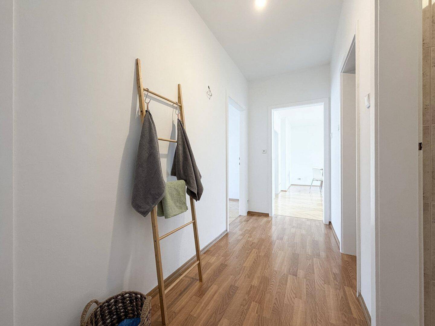 Heller Flur mit Holzfußboden und schlichtem, modernem Design.