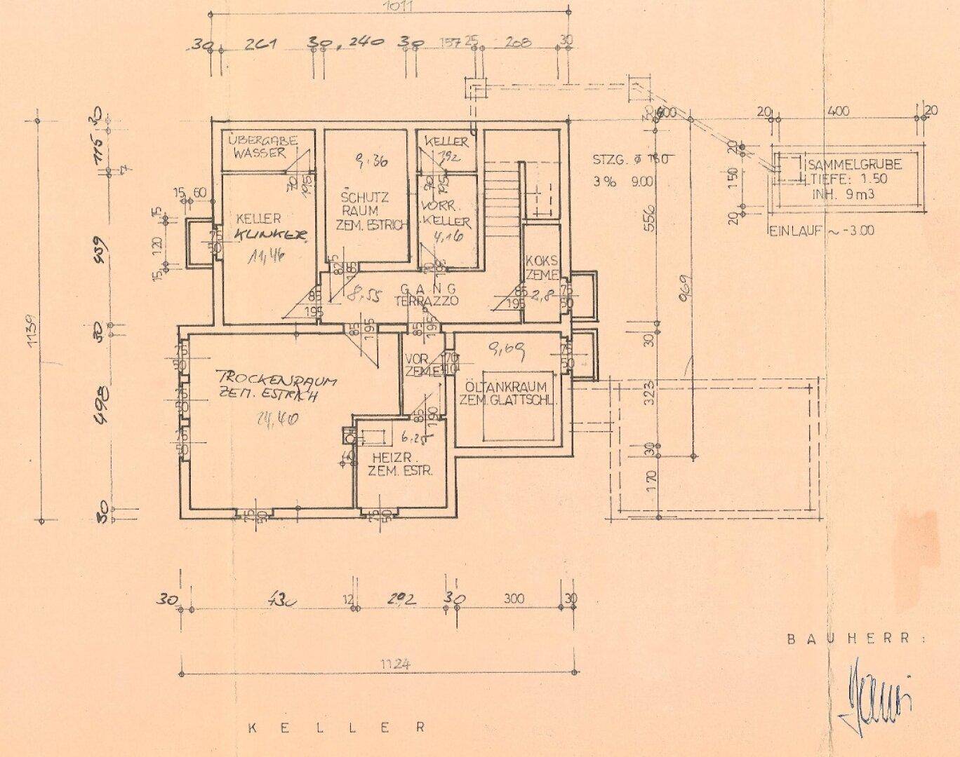 Grundriss des Kellers mit verschiedenen Kellerräumen, Heizung und Öltankraum.