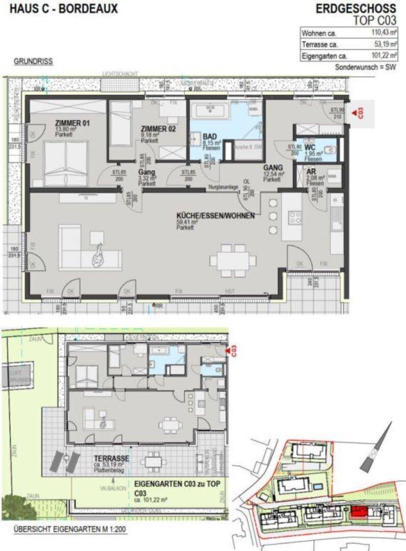 Detaillierter Grundriss des Erdgeschosses mit drei Zimmern, offener Küche und Garten.
