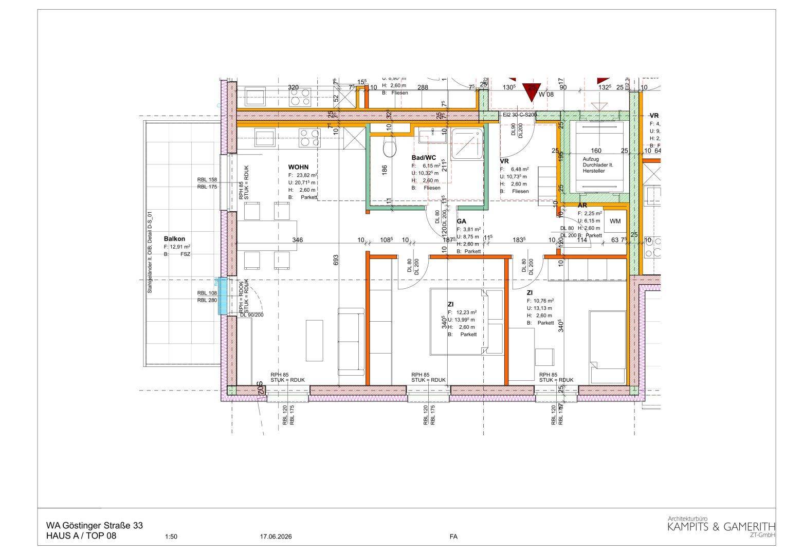 Detaillierter Grundriss einer Wohnung mit offenem Wohnbereich, zwei Schlafzimmern und einem Balkon.