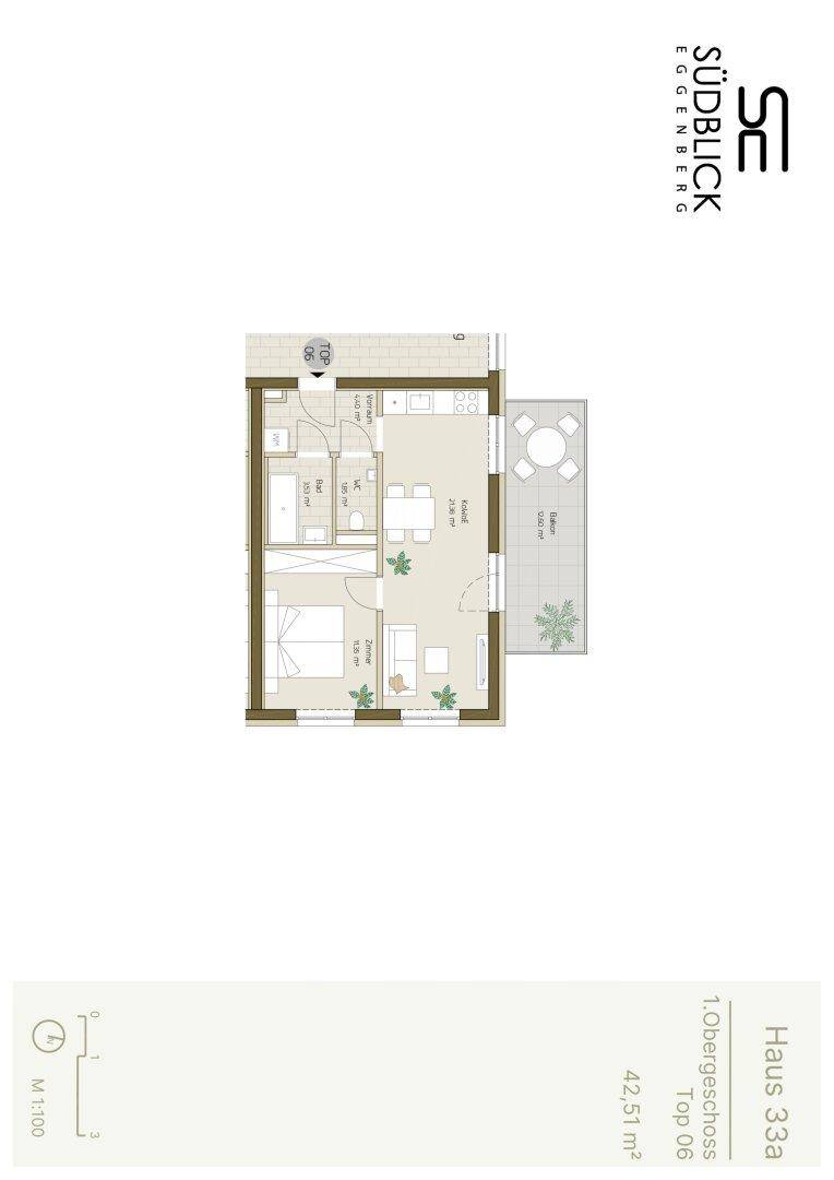 Grundriss einer Wohnung im Obergeschoss mit offenem Wohnbereich, Schlafzimmer, Bad und Balkon.