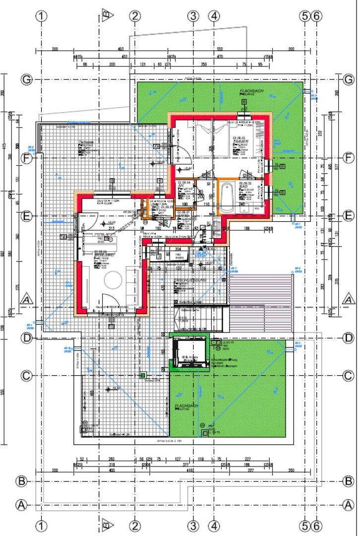 Grundrissplan zeigt eine Wohnung mit offenem Wohnbereich, zwei Bädern, Schlafzimmern und Zugang zu Balkon und Terrasse.