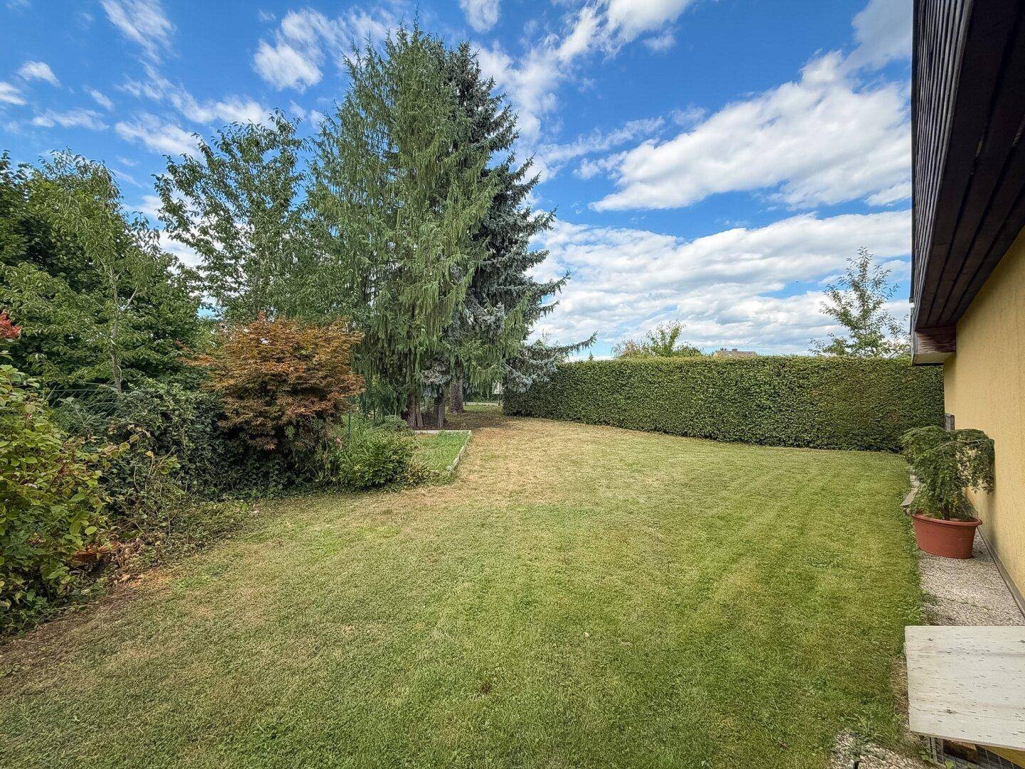 Großer, gepflegter Garten mit Rasenfläche und hohen Bäumen und Hecken.