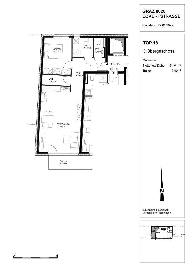 Grundriss der Wohnung TOP 18 im 3. Obergeschoss mit Balkon und offener Wohnküche.