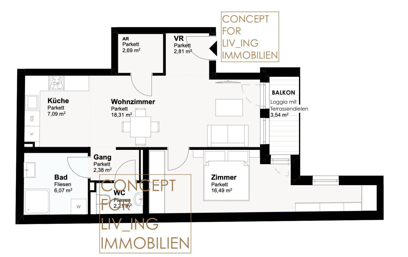 Grundriss einer Wohnung mit Küche, Wohnzimmer, Bad und Balkon.
