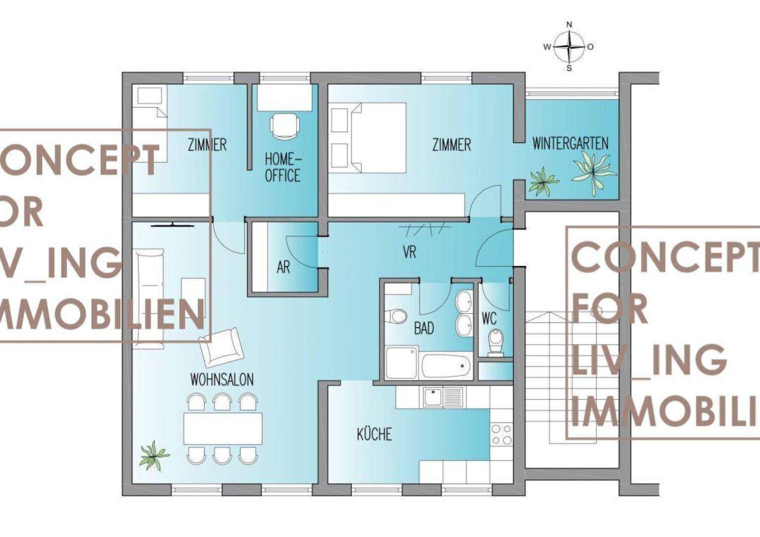 Grundriss einer Wohnung mit Wintergarten, drei Zimmern und offenem Wohnbereich.