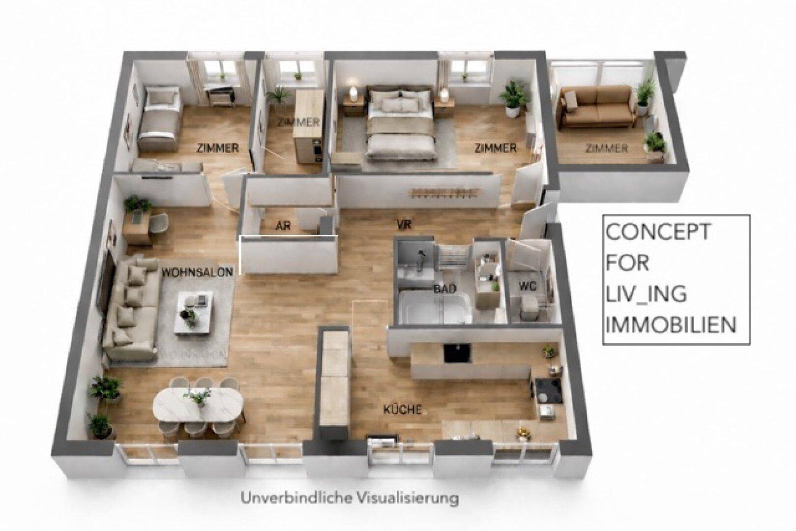 3D-Grundriss einer Wohnung mit offenem Wohnbereich, drei Zimmern und Balkon.