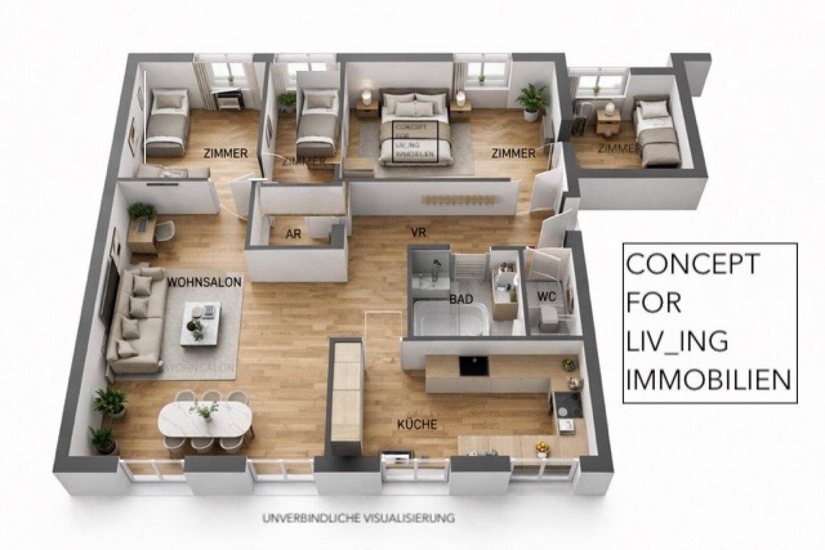 3D-Grundriss einer Wohnung mit offenem Wohnbereich, vier Zimmern und Balkon.