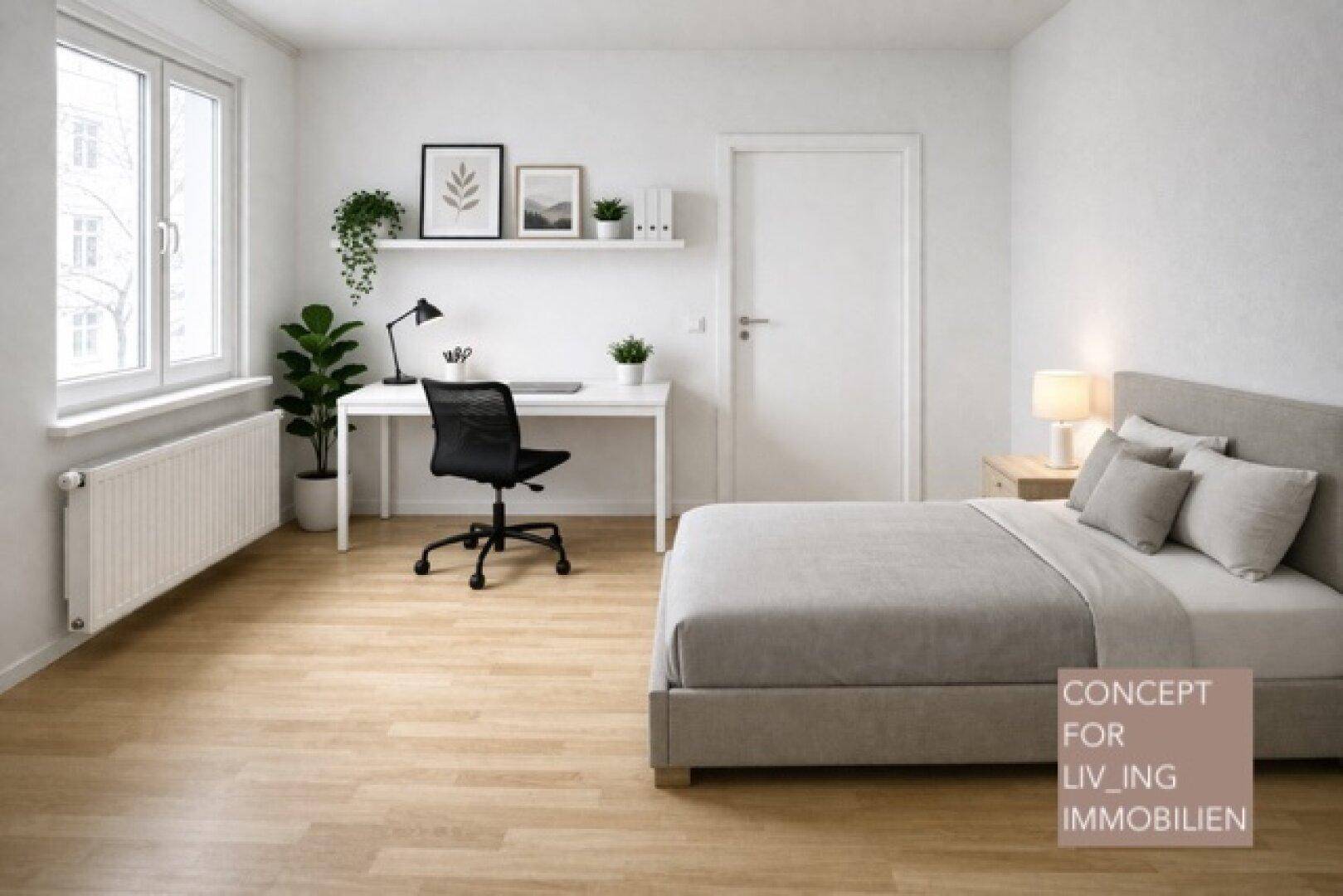 Helles Schlafzimmer mit Bett, Schreibtisch und großem Fenster für viel Tageslicht.