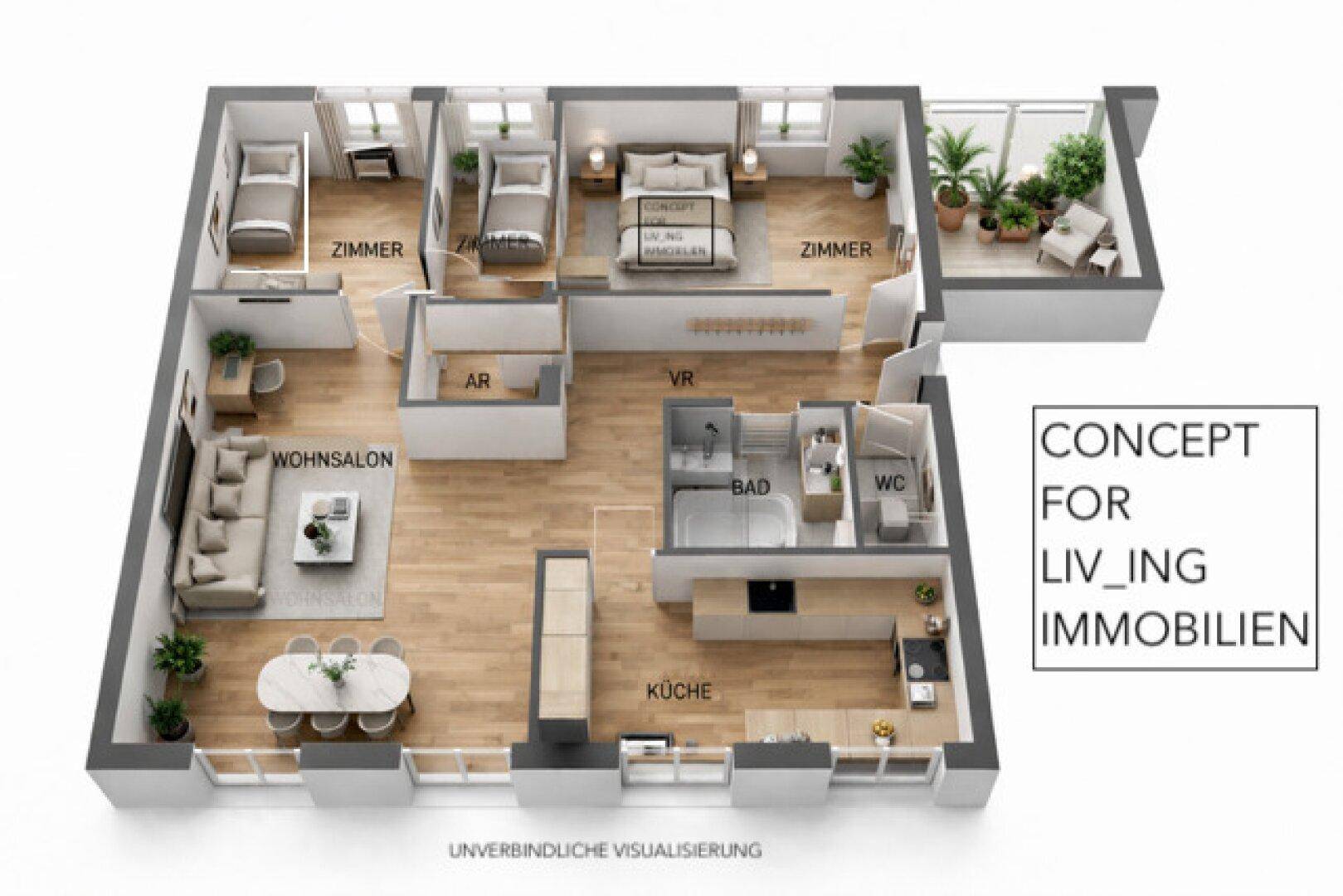 3D-Grundriss einer Wohnung mit offenem Wohnbereich, drei Zimmern und Terrasse.