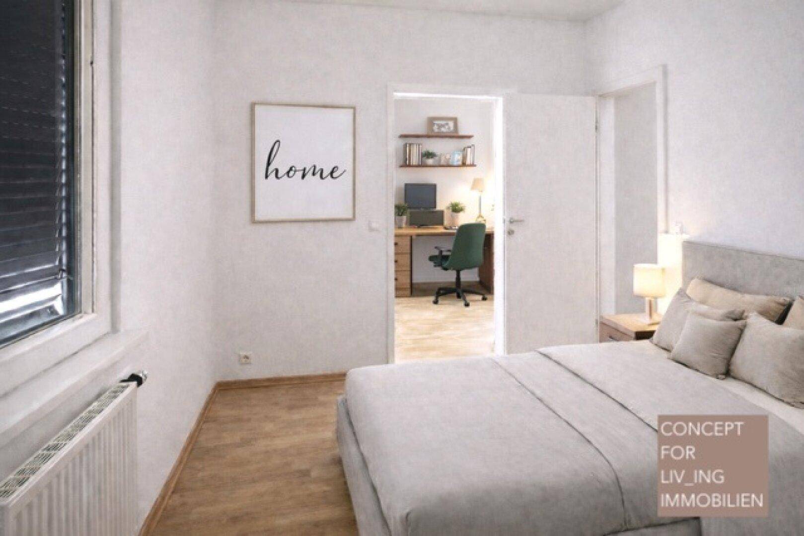 Schlafzimmer mit Blick in ein angrenzendes Arbeitszimmer, hell und modern eingerichtet.