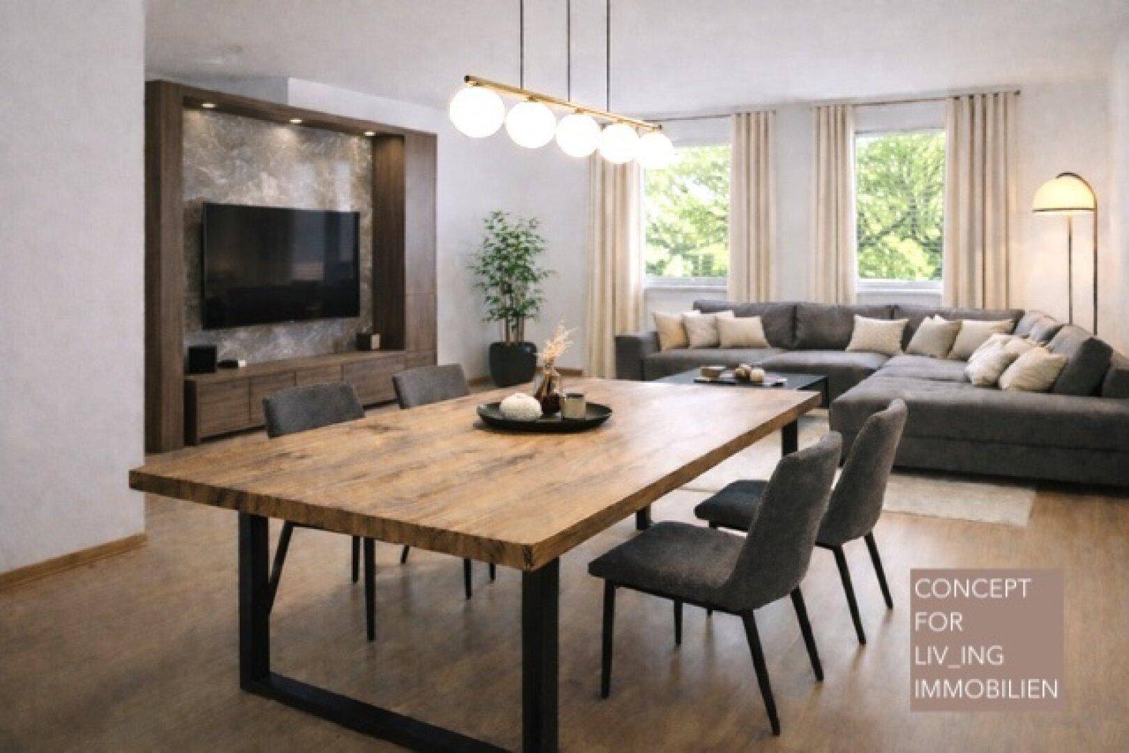 Modernes Wohn-Esszimmer mit großem Esstisch, gemütlichem Sofa und Medieneinheit.