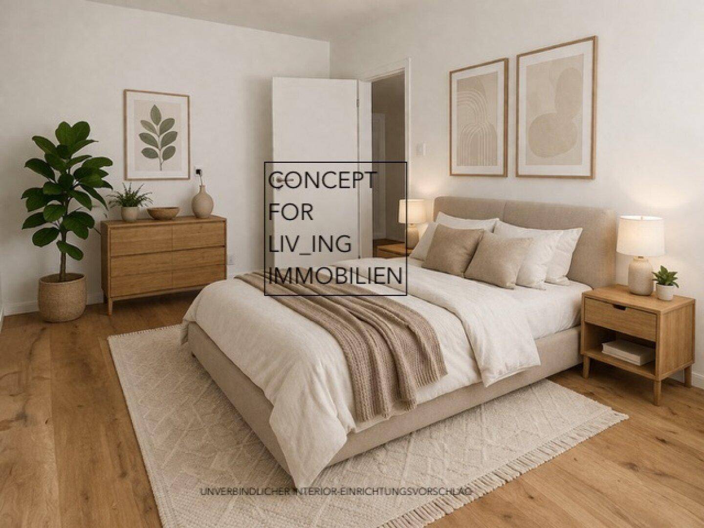 Gemütliches Schlafzimmer mit Holzboden, großem Bett und moderner Einrichtung.