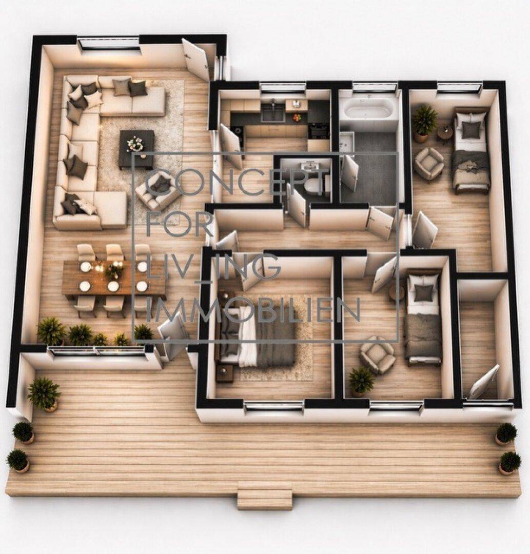 Möblierter Grundriss einer Wohnung mit Wohn-Essbereich, Schlafzimmern und großer Terrasse.